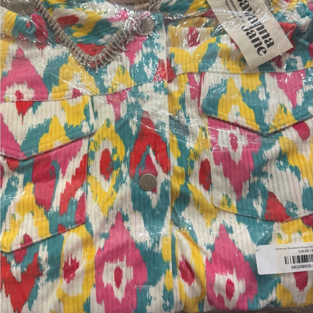 Savanna Jane Print Corduroy Jacket - with Fringe Pink, Teal, Yello